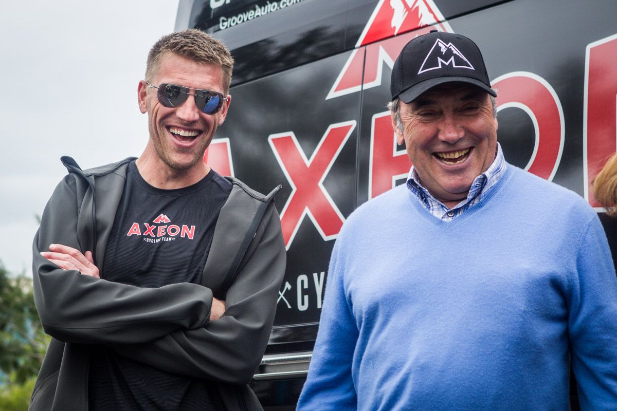 Axel Merckx and father Eddy Merckx have a laugh before today's stage