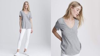 Model wearing grey v-neck t-shirt