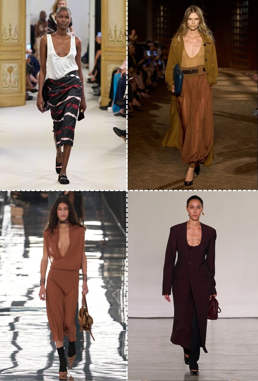 milan SS27 runway trends: collage of models wearing scoop neck tops