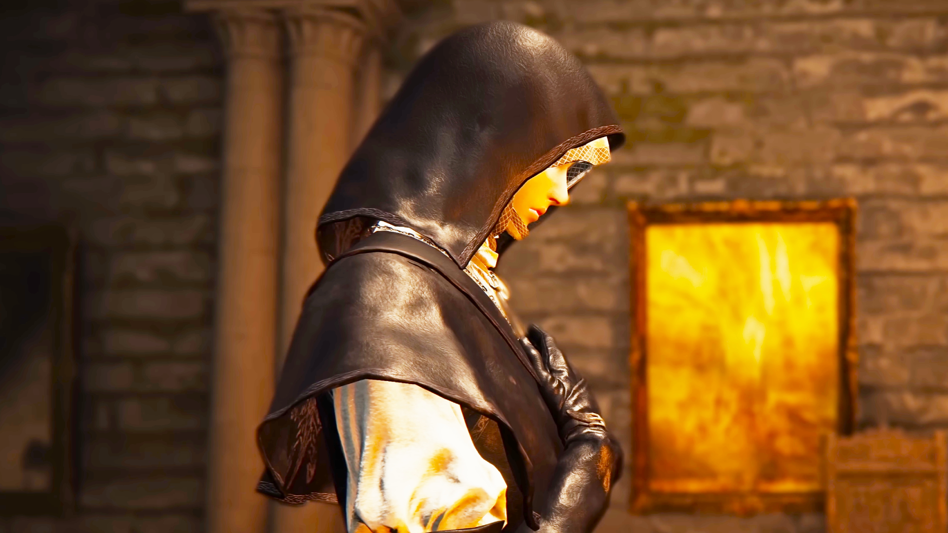 A screencap of the Elden Ring Nightreign The Forsaken Hollows Undertaker Nightfarer character trailer. A woman in a black hood holds her hand to her chest in prayer.