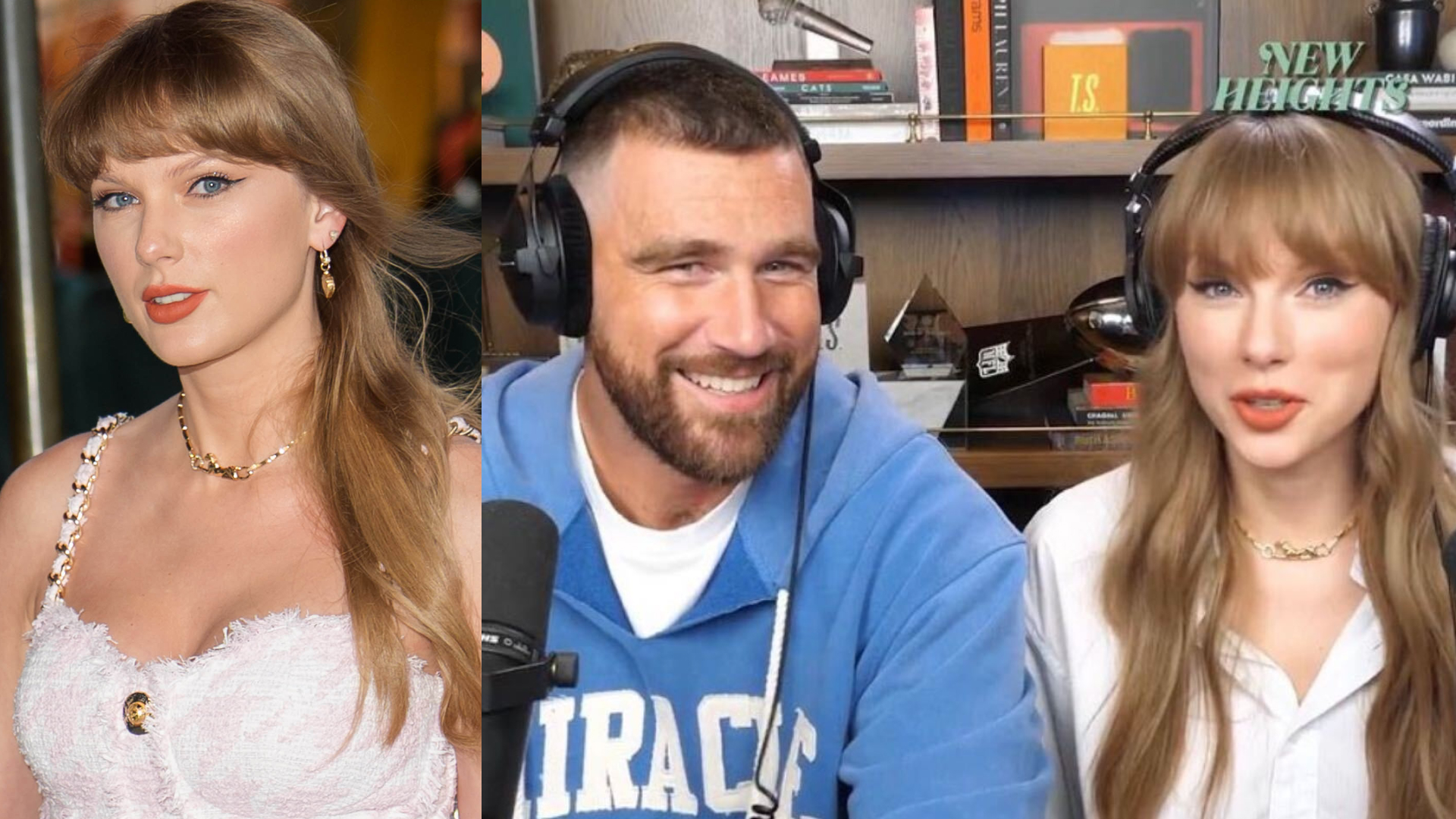 A collage of Taylor swift wearing a Cartier necklace with Taylor Swift and Travis Kelce on his podcast