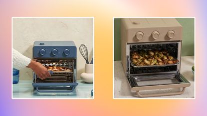 Our Place Wonder Oven air fryer images on bright gradient background