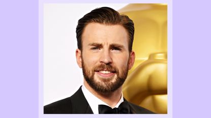 Actor Chris Evans poses in the press room during the 87th Annual Academy Awards at Loews Hollywood Hotel on February 22, 2015 in Hollywood, California/ in a purple template
