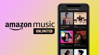 Amazon Music Unlimited logo next to an iPhone with a screenshot of Amazon Music Unlimited interface