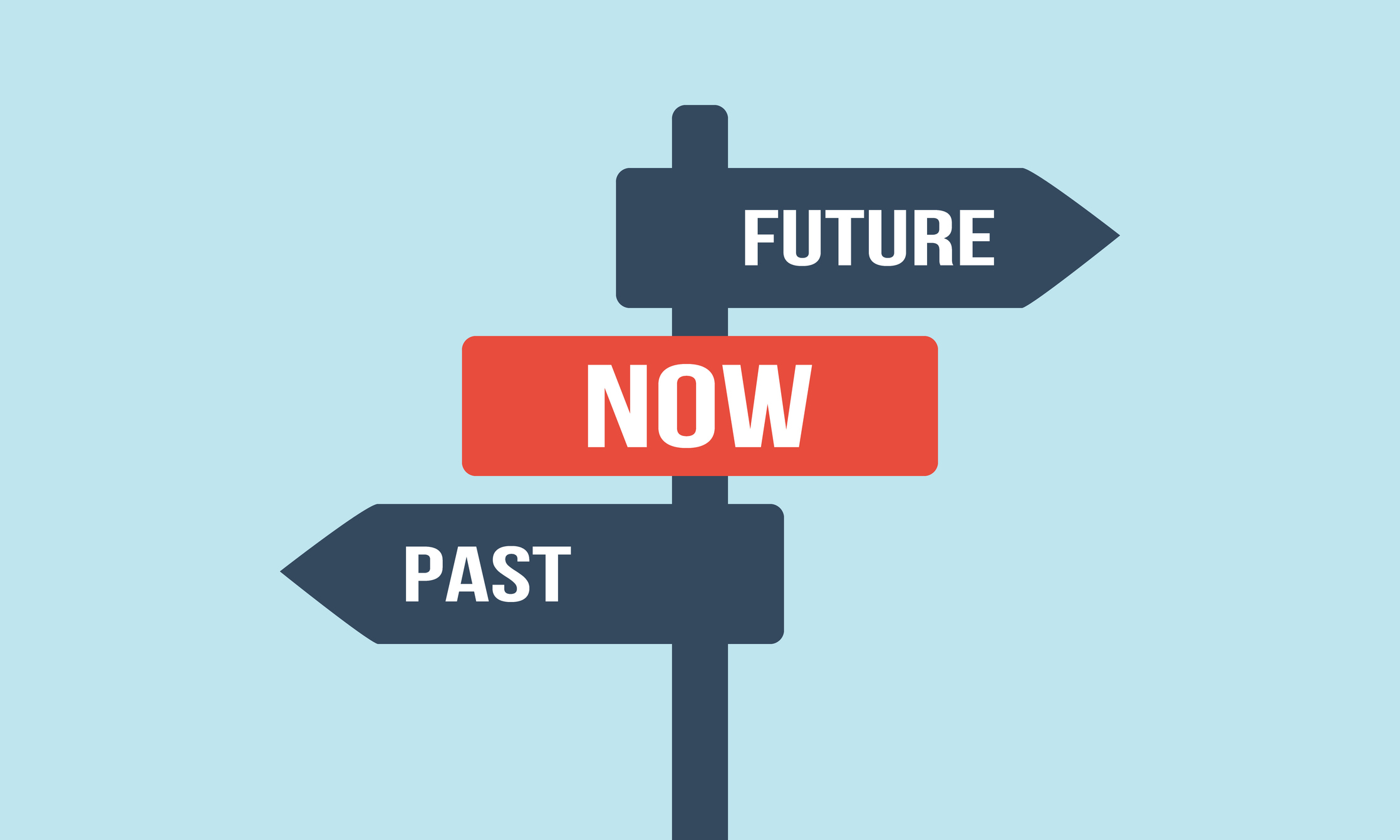 Past now future signpost. Successful choice vector concept. Different way or alternative illustration. Opposite direction traffic sign.