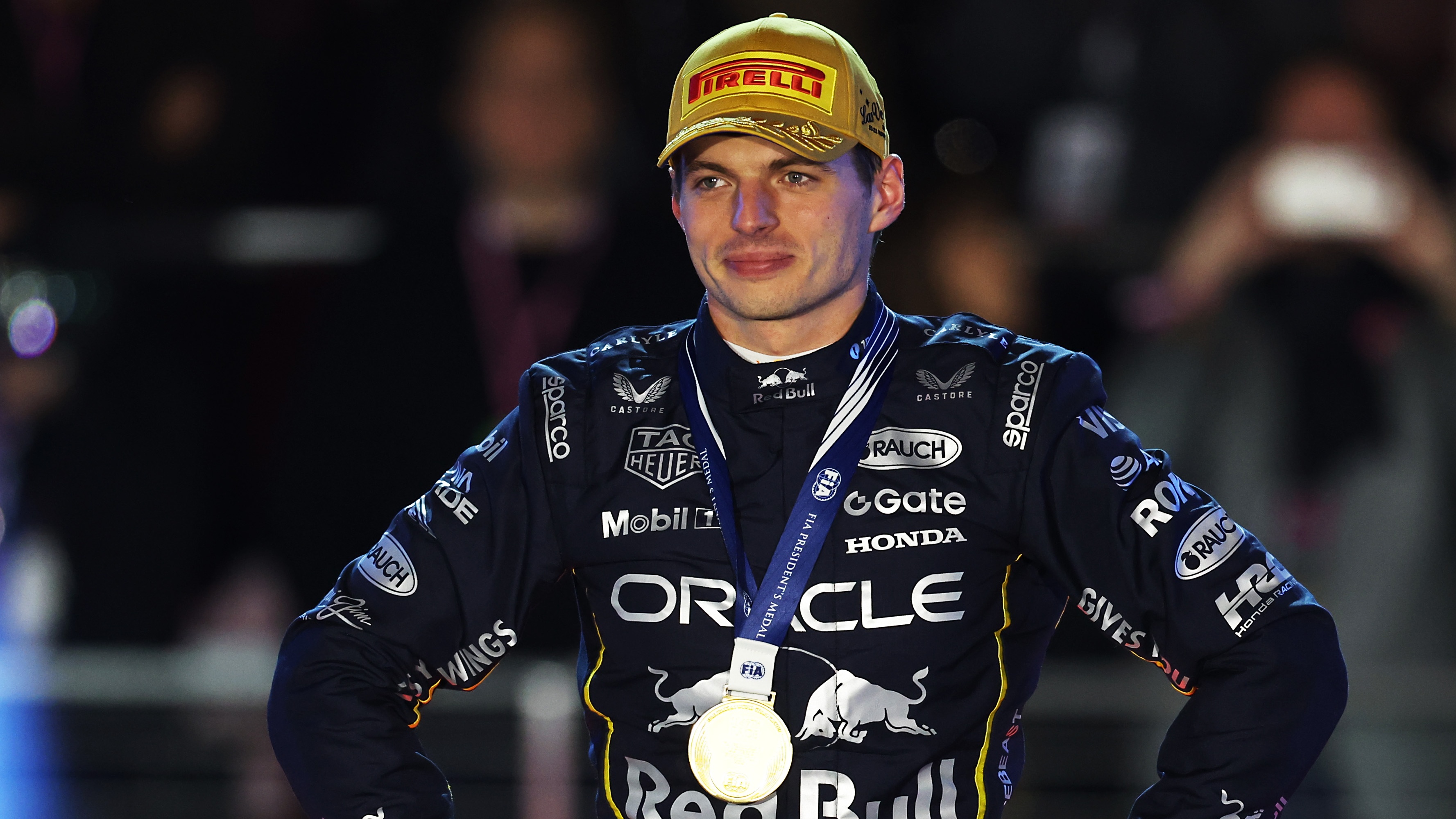 Max Verstappen celebrates after winning the Las Vegas Grand Prix. 