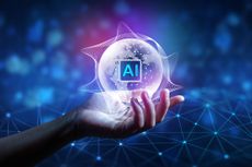 AI Global Network: A Blue Vision of Future Technology. Analyst uses a computer and dashboard for analysis of information on complex data sets on computer