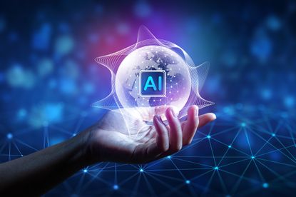 AI Global Network: A Blue Vision of Future Technology. Analyst uses a computer and dashboard for analysis of information on complex data sets on computer