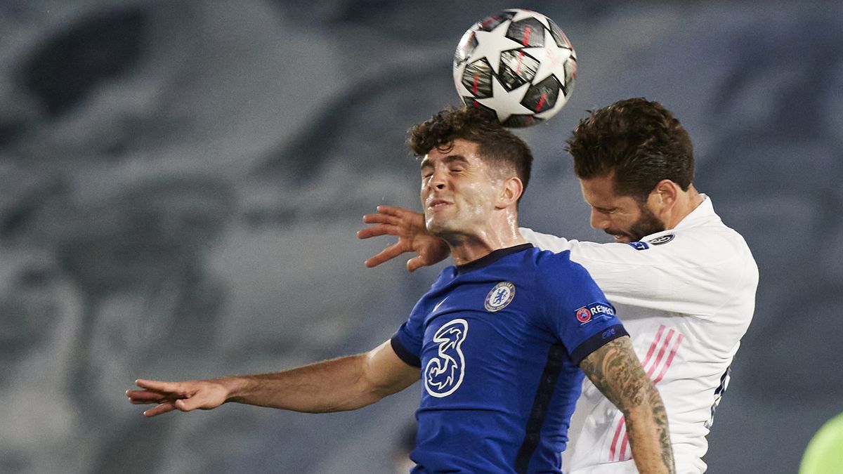 Chelsea&#039;s Christian Pulisic, left, and Real Madrid&#039;s Nacho Fernandez battle for the ball in their Champions League semifinal first-leg match on April 27, 2021.