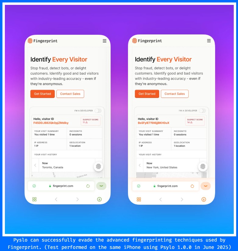 Screenshot of two fingerprinting report from Fingerprint.com