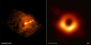 On the left, an image taken using the CHANDRA X-Ray Telescope at the same time as the Event Horizons Telescope made its picture shows a relatavistic jet crossing the Virga A galaxy. On the right is the image of the black hole shadow from the Event Horizon