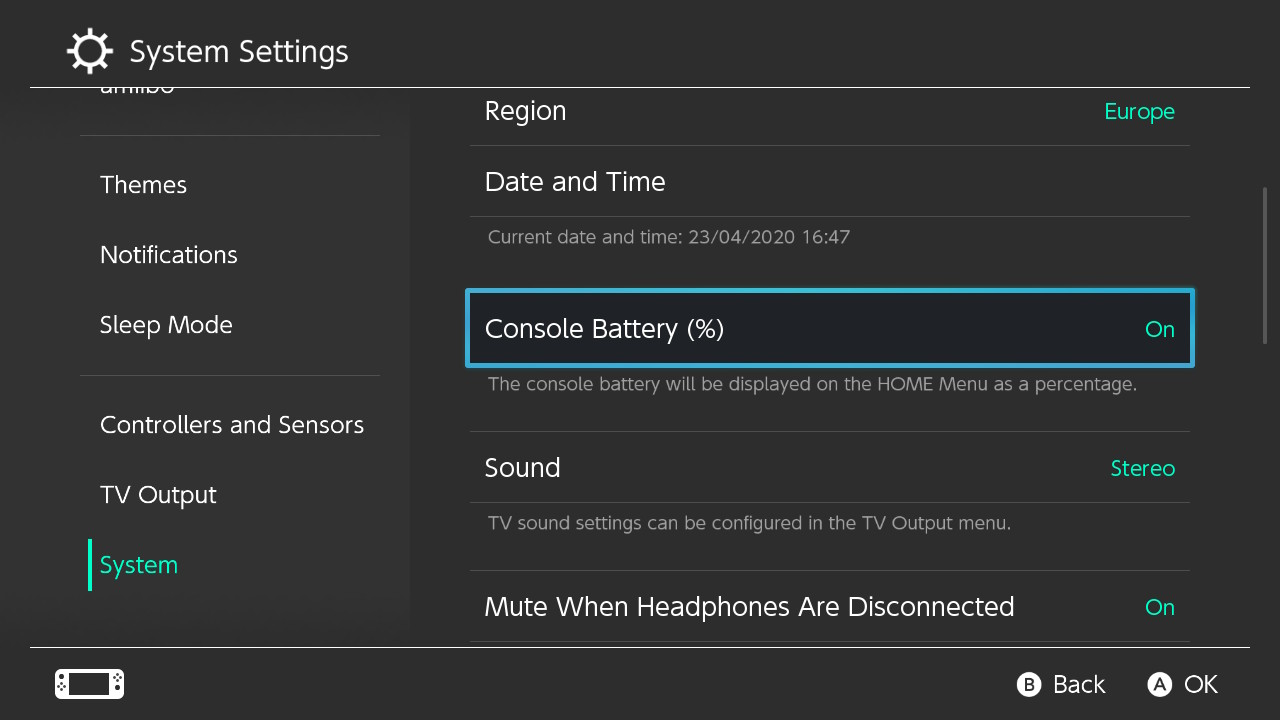 Nintendo Switch battery percentage