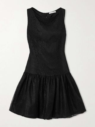 Velvet-Trimmed Bow-Detailed Gathered Chantilly Lace Mini Dress