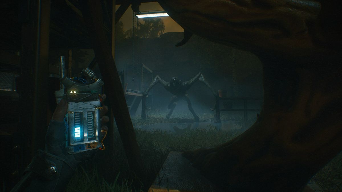 A Quiet Place: The Road Ahead screenshot of a monster in the distance, with protagonist Alex holding an electrical device in one hand to keep it at bay.