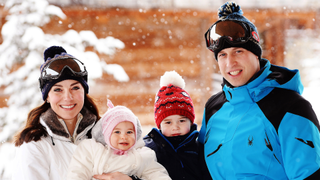 Catherine, Duchess of Cambridge and Prince William, Duke of Cambridge, with their children, Princess Charlotte and Prince George, enjoy a short private skiing break on March 3, 2016 in the French Alps, France