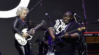 (L-R) Samantha Fish and Christone "Kingfish" Ingram perform onstage during Day 1 of Eric Clapton's Crossroads Guitar Festival at Crypto.com Arena on September 23, 2023 in Los Angeles, California.