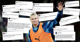 Erling Haaland of Manchester City applauds the fans as they warm up during the Emirates FA Cup Third Round match between Manchester City and Chelsea at Etihad Stadium on January 08, 2023 in Manchester, England.