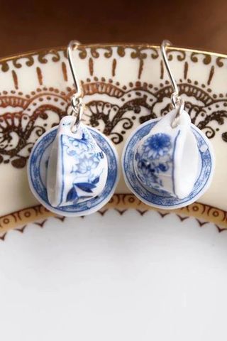 Jane Austen Centre Teacup Earrings Blue Willow Teacup and Saucer