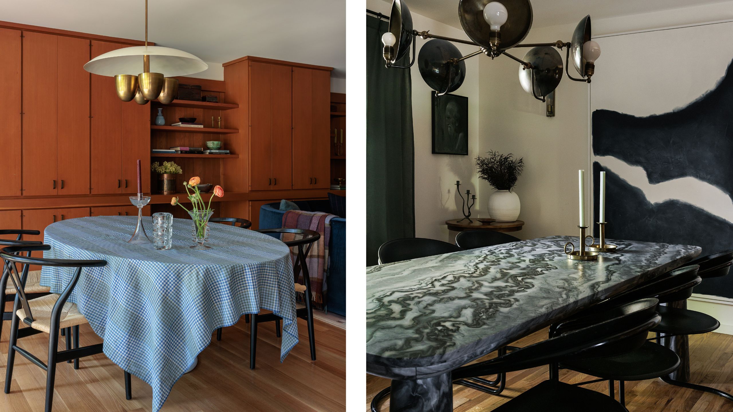 two side by side images of an informal and formal dining rooms in a mid century home with natural cedar wood