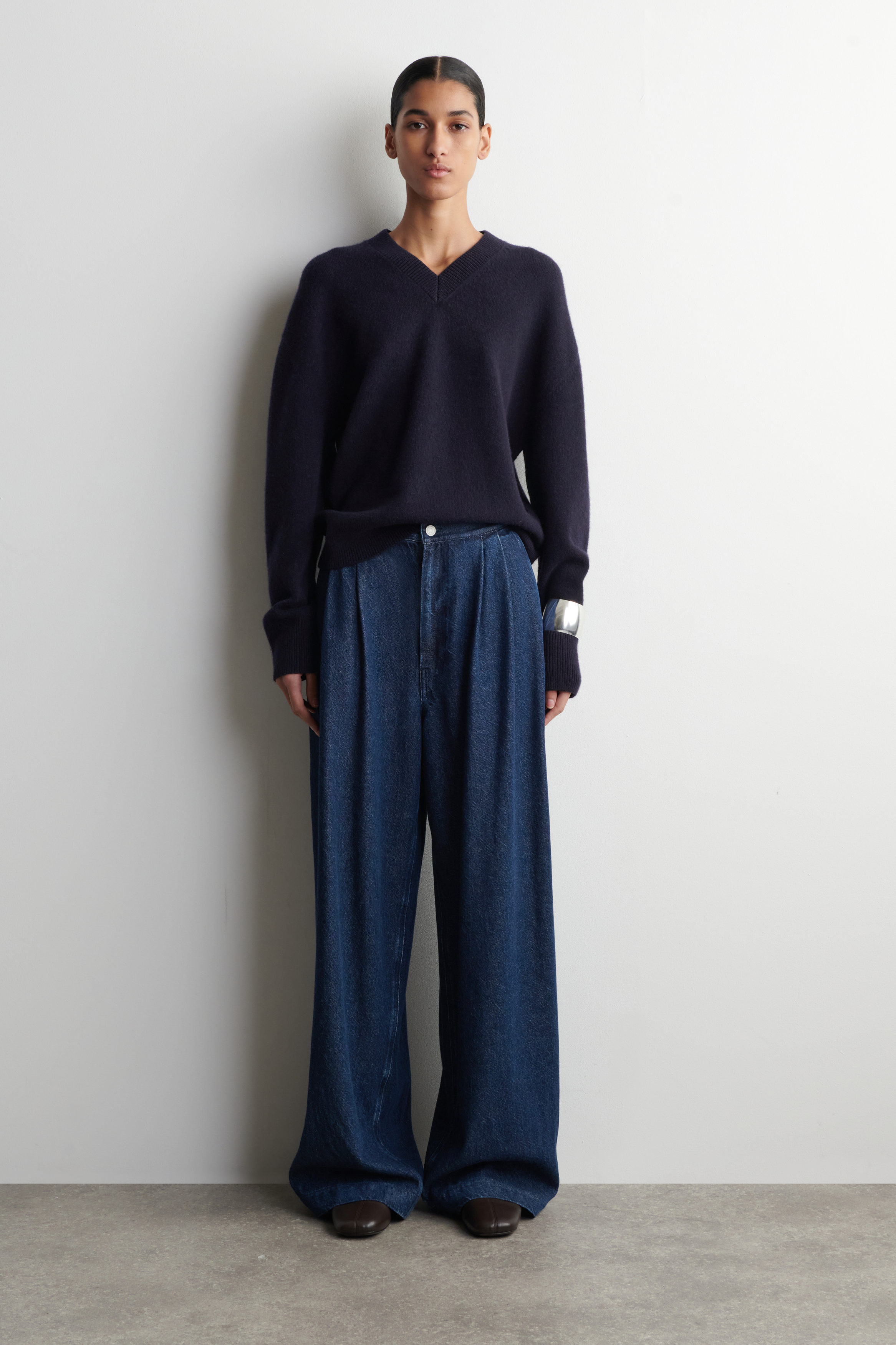 Pleated Wide-Leg Denim Trousers