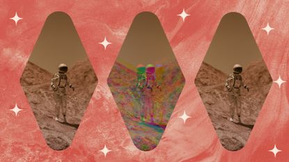 mars in retrograde 2022 feature, mars retrograde 2022; an astronaut on mars on a colorful background
