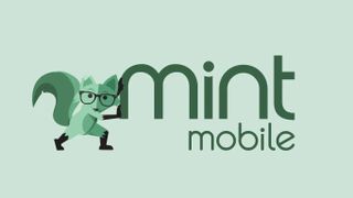 The Mint Mobile fox mascot pushing the Mint Mobile logo on a mint green background