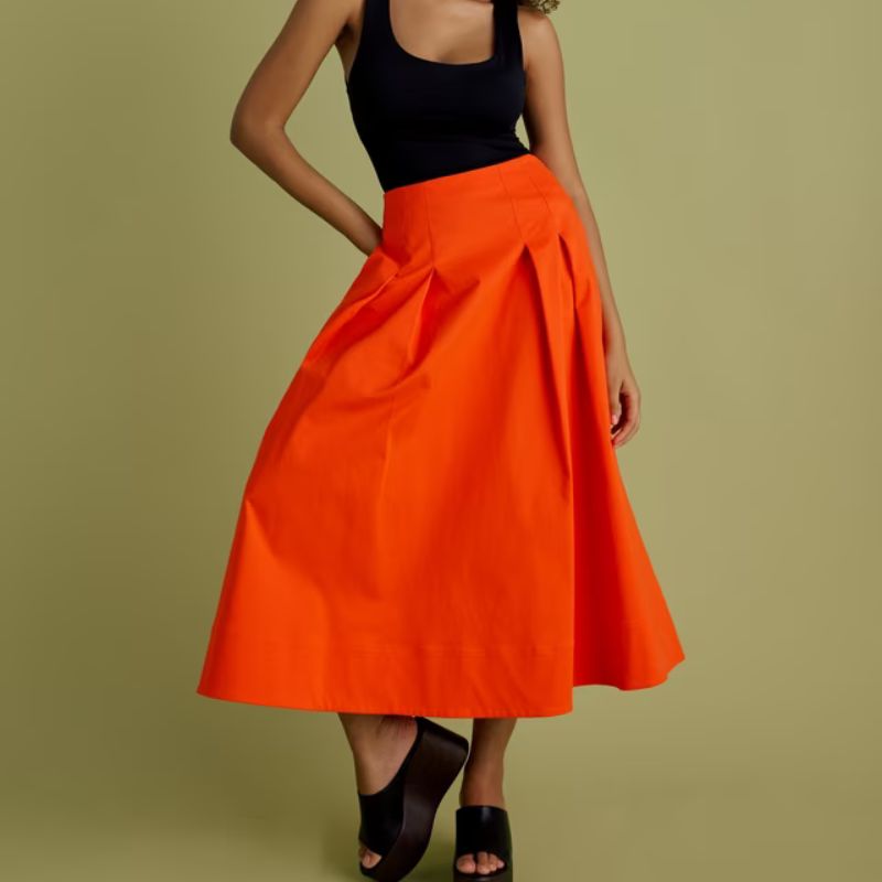 FLORERE, Cotton Blend A-Line Midi Skirt