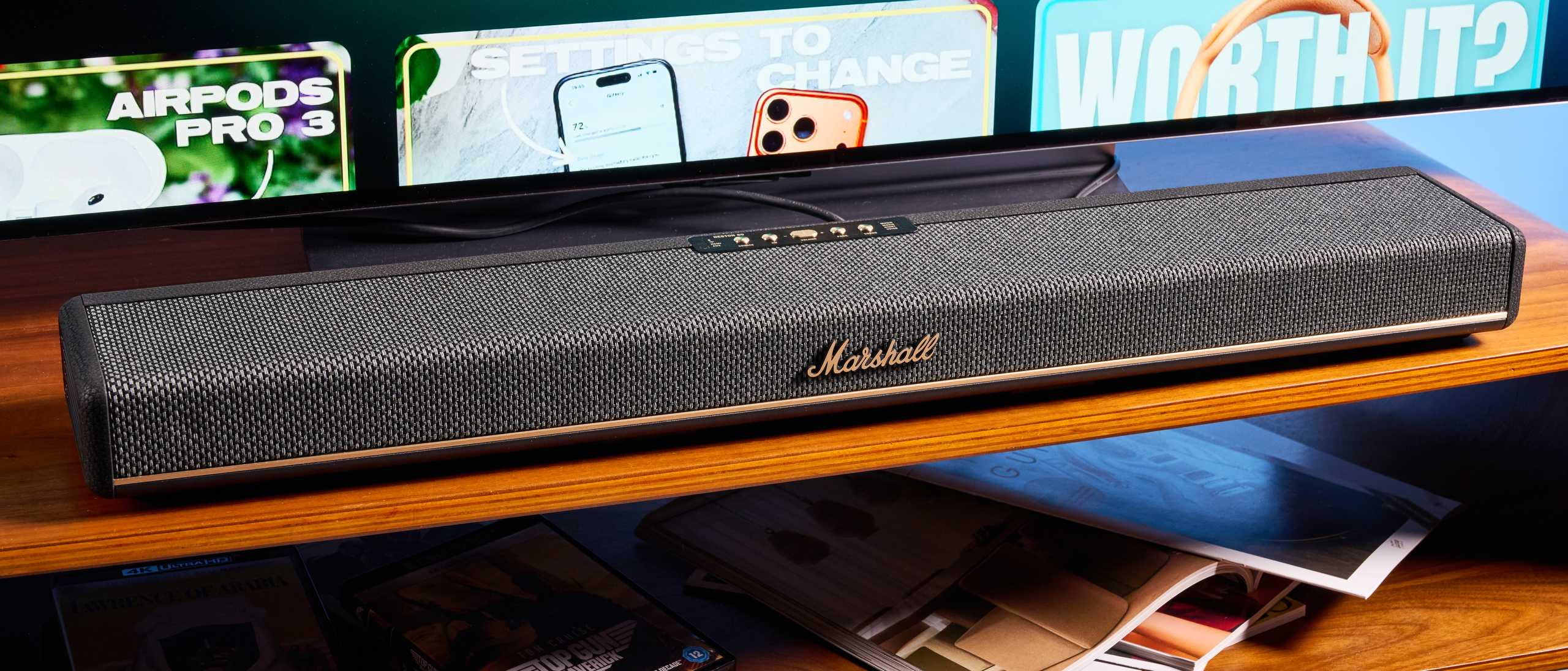 A Marshall Heston 60 compact mid-range soundbar in black