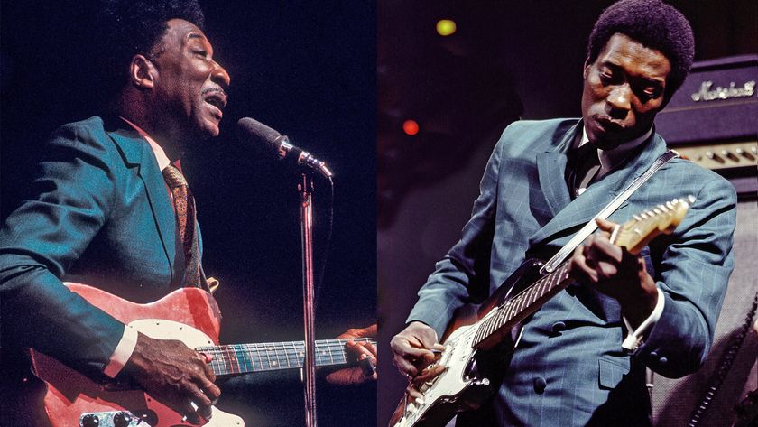 LEFT: Muddy Waters (1913-1983), American blues guitarist and singer, during a concert, 1970. RIGHT: American guitarist Buddy Guy (left) performs live on stage with (cropped out) English guitarist Eric Clapton at the Supershow session at a disused factory in Staines, England on 26th March 1969. Eric Clapton plays a 1964 Gibson Firebird guitar. 
