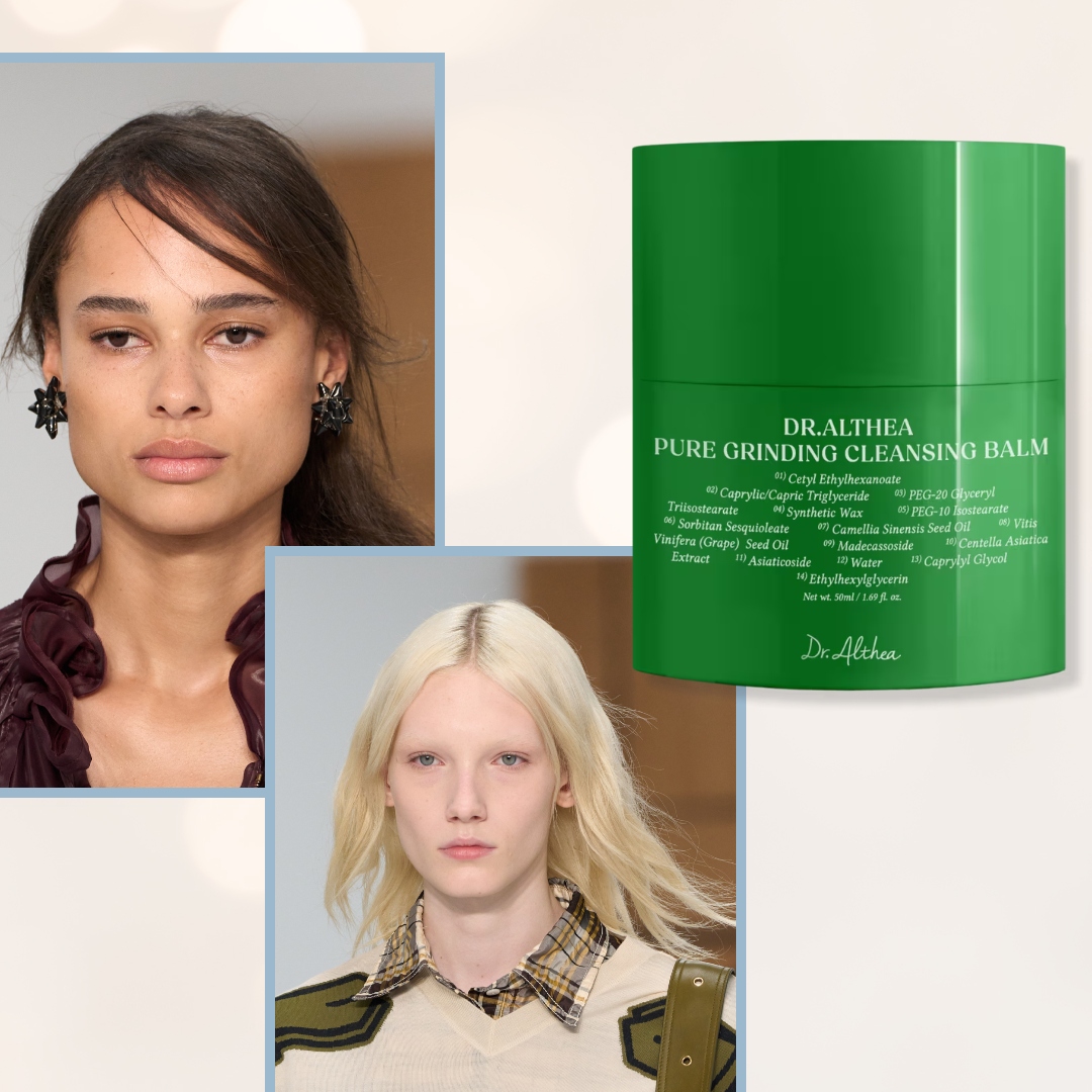 models on a white background next to cleansing balm