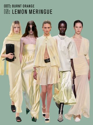 Collage of models wearing light yellow on the spring/summer 2025 runways.