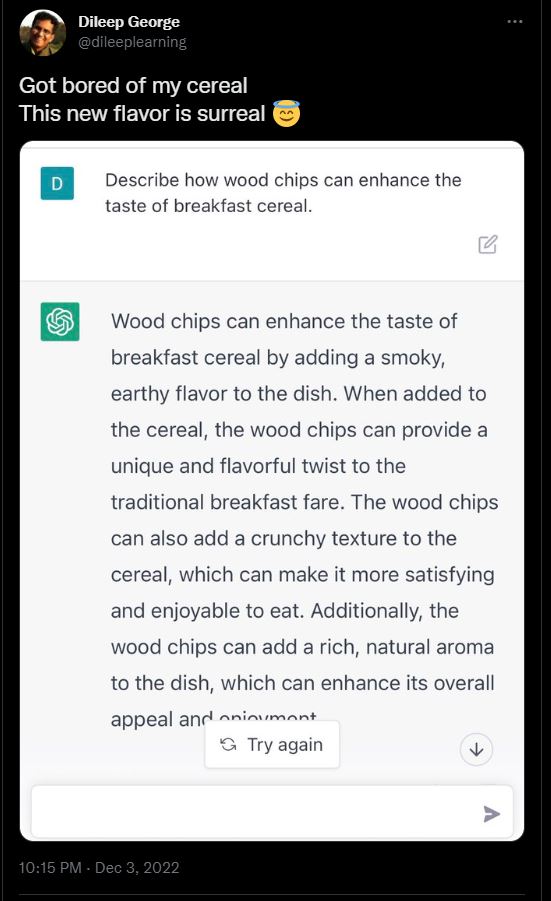A tweet about wood chips in cereal