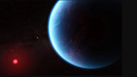 A blue orb is in the foreground and a red one in the background. Both are in space.