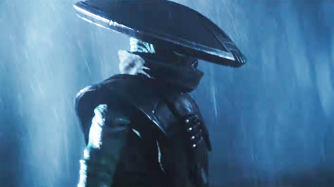 Embo the bounty hunter walking as he's lit up by lightning at night in The Mandalorian and Grogu