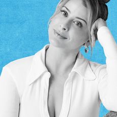 headshot of lo bosworth in black and white overlaid on blue background for she pivots podcast