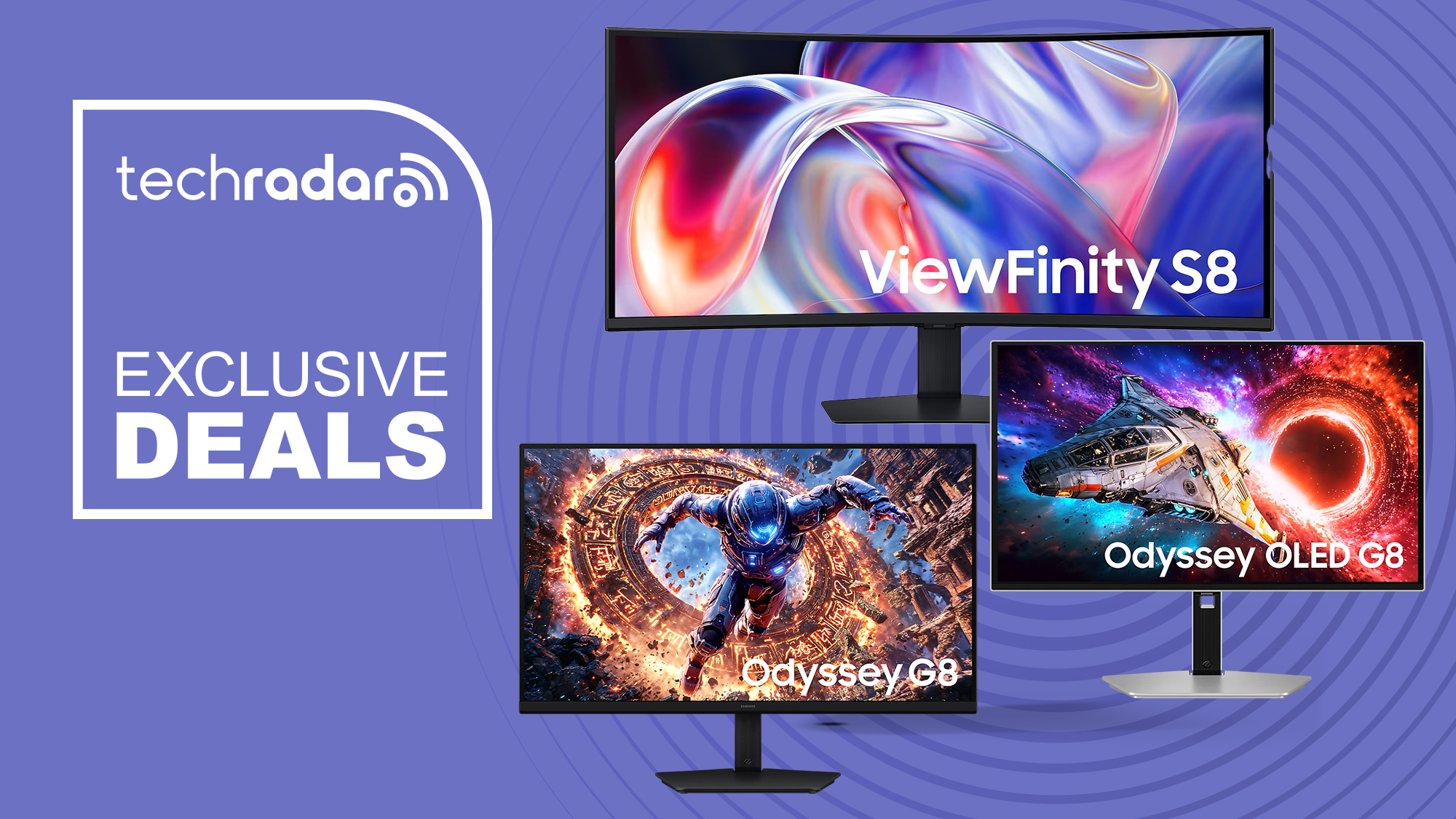 Samsung monitors on a purple background with an Exclusive deals banner