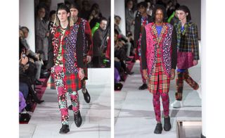 Two images of male models wearing clothing by Comme des Garçons Homme Plus in colourful shades.