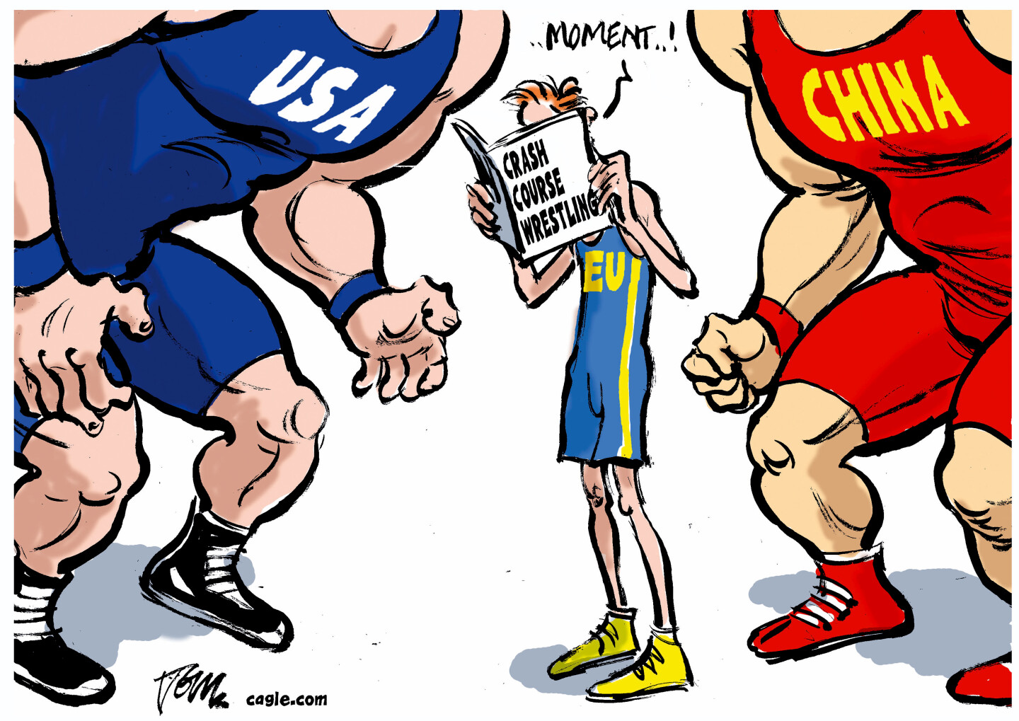 A skinny, small man in a wrestling singled labeled &amp;ldquo;EU&amp;rdquo; stands in between a muscular USA wrestler on the left and a muscular China wrestler on the right. The EU wrestler reads a book called &amp;ldquo;Crash Course Wrestling&amp;rdquo; and says, &amp;ldquo;Moment!&amp;rdquo;