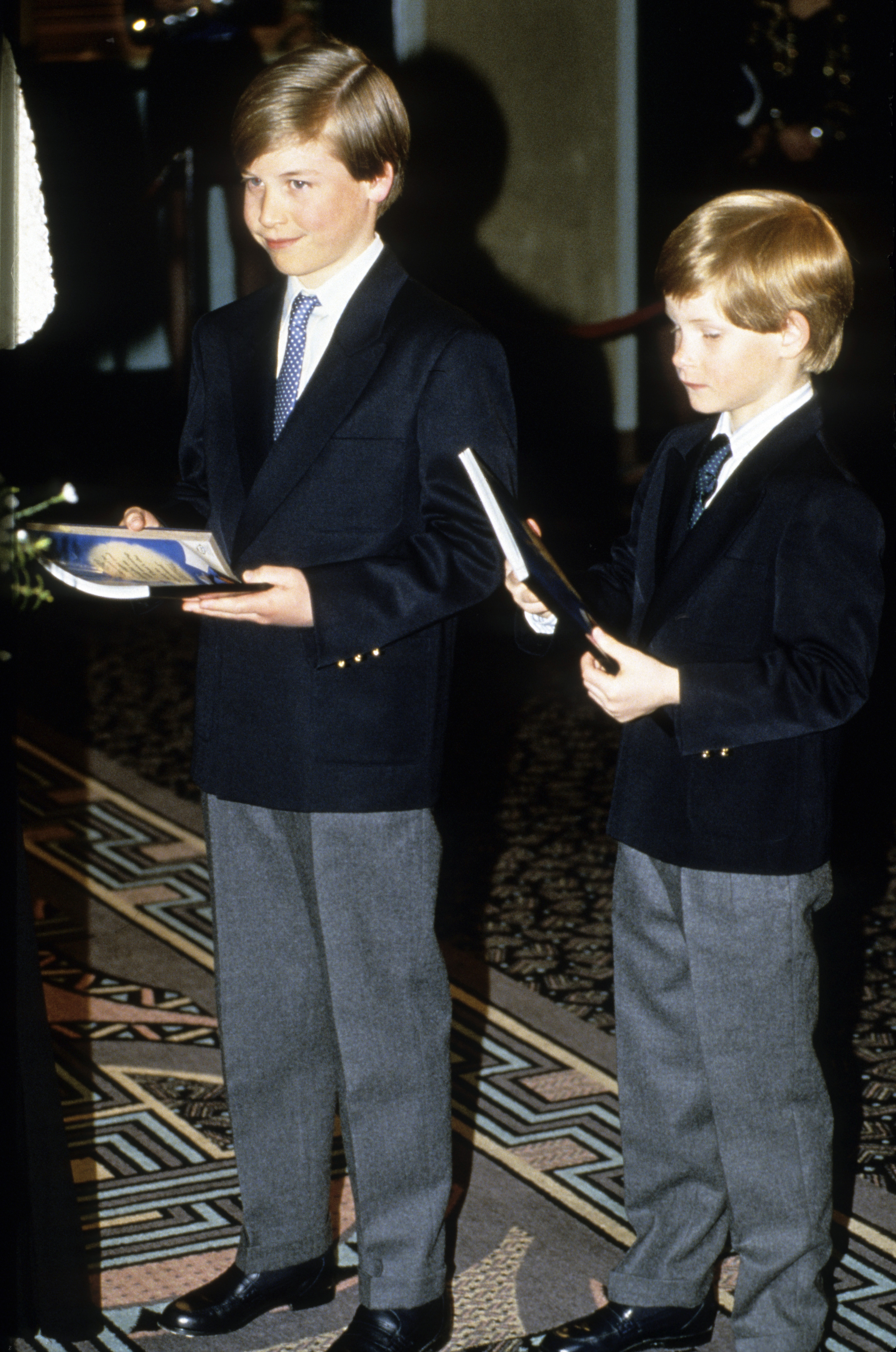 Prince Harry and Prince William wearing suits and ties in 1992