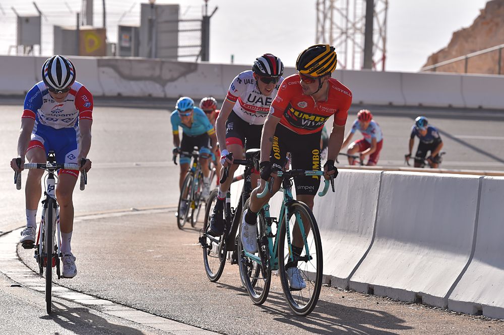 Overall race leader Primoz Roglic (Jumbo-Visma) on the final climb of stage 3 UAE Tour
