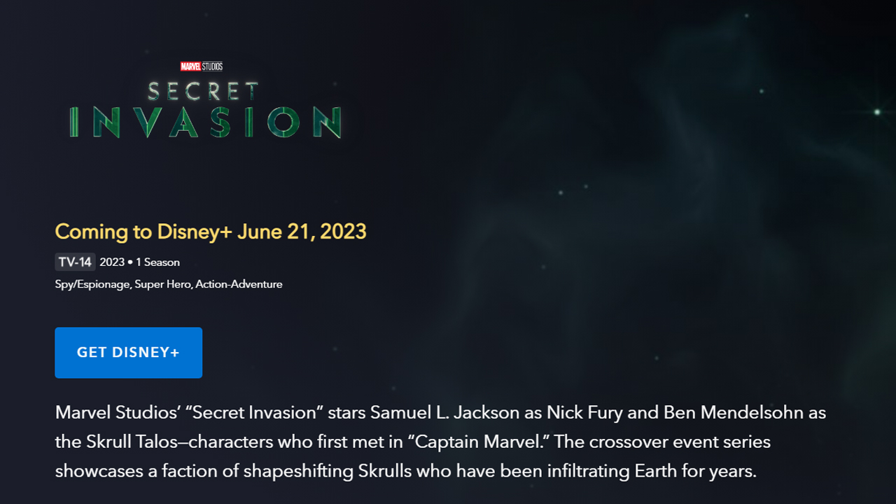A screenshot of Secret Invasion's reported release date as shown on Disney Plus