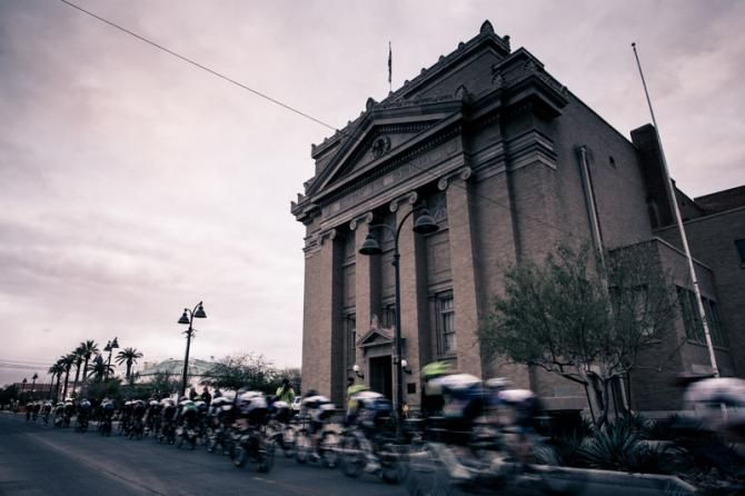 The Old Pueblo Grand Prix peloton makes its way past the historic Scottish Rite Cathedral in Tucson.