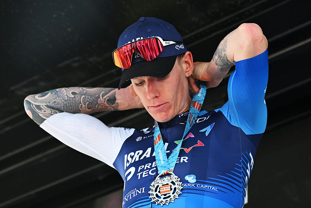 MACON, FRANCE - JUNE 12: Jake Stewart of Great Britain and Team Israel - Premier Tech celebrates at podium as stage winner during the 77th Criterium du Dauphine 2025, Stage 5 a 183km stage from Saint-Priest to Macon / #UCIWT / on June 12, 2025 in Macon, France. (Photo by Dario Belingheri/Getty Images)