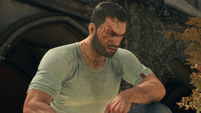 Kyle Crane, the protagonist from Dying Light: The Beast, sitting outside after an injury. He&#039;s in a plain white t-shirt and jeans, squinting with a bloody face.