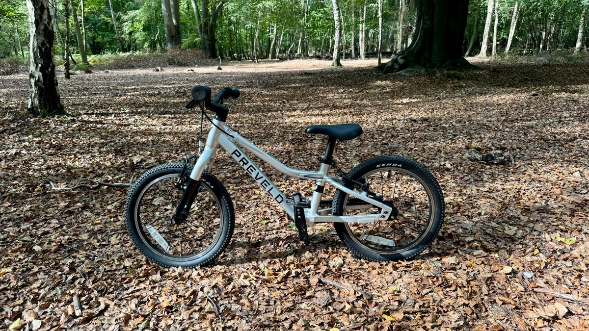 The Prevelo Alpha Two kids bike pictured in the forest