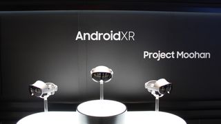 Android XR operating system logo displayed against the backdrop of Samsung's Project Moohan AR headset