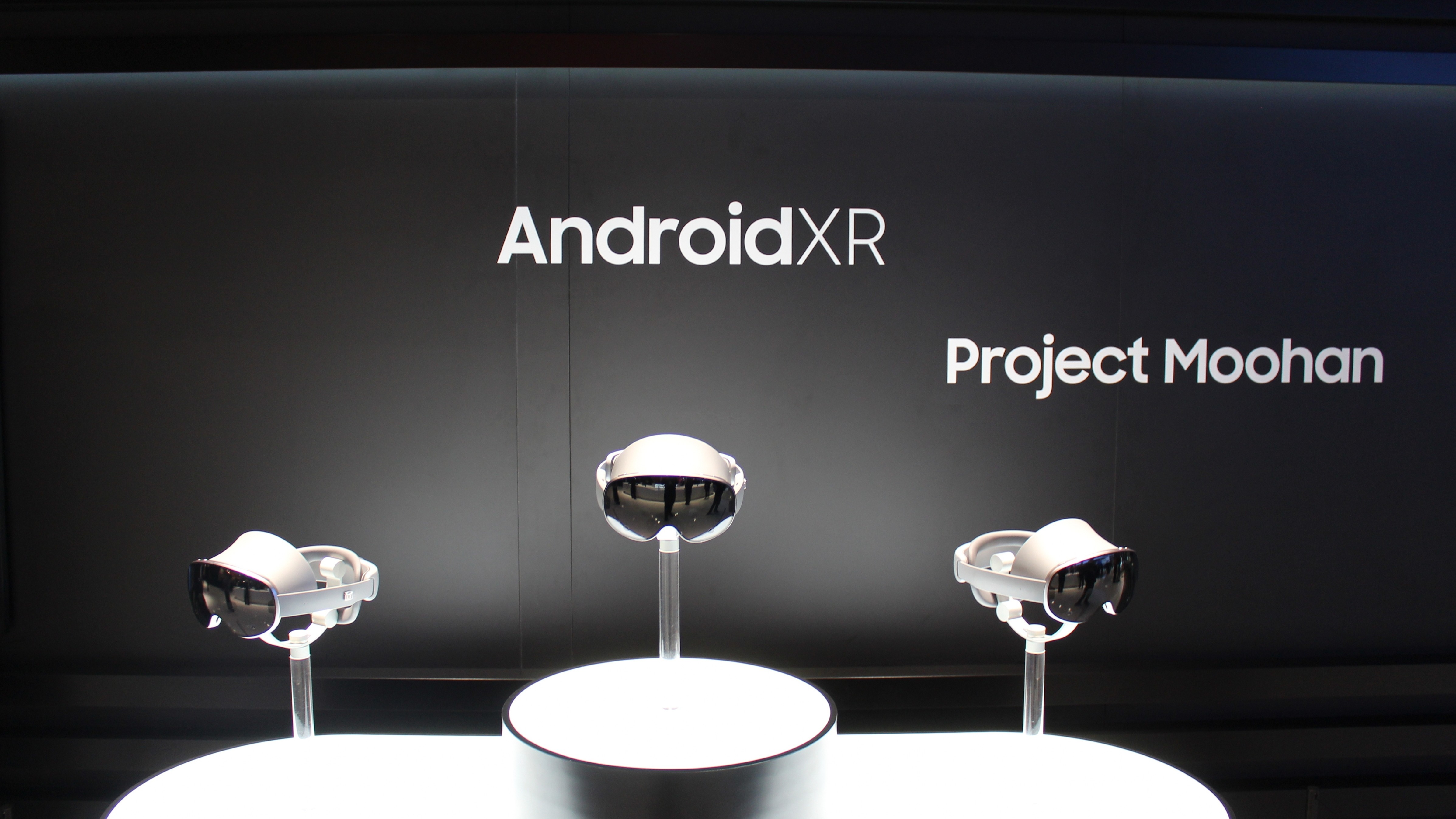 Android XR operating system logo displayed against the backdrop of Samsung&#039;s Project Moohan AR headset