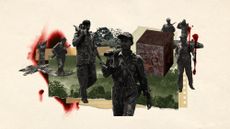 Photo collage of Indian Army in the forest, a lump of iron, and splashes of blood in the background