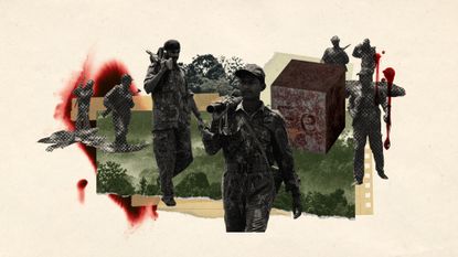 Photo collage of Indian Army in the forest, a lump of iron, and splashes of blood in the background