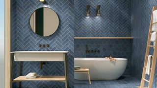 blue porcelain wall and floor tiles in geometric pattern